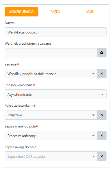 Konfiguracja Service Task - Weryfikuj podpis na dokumencie